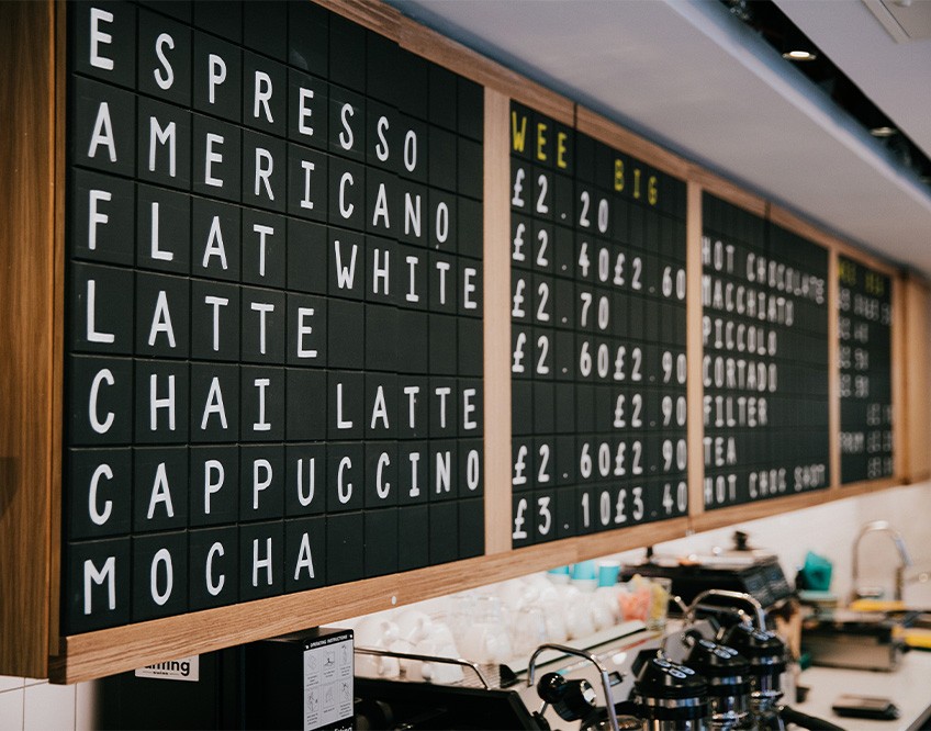 Image of the Gordon St Coffee - Edinburgh menu inside the coffee house venue